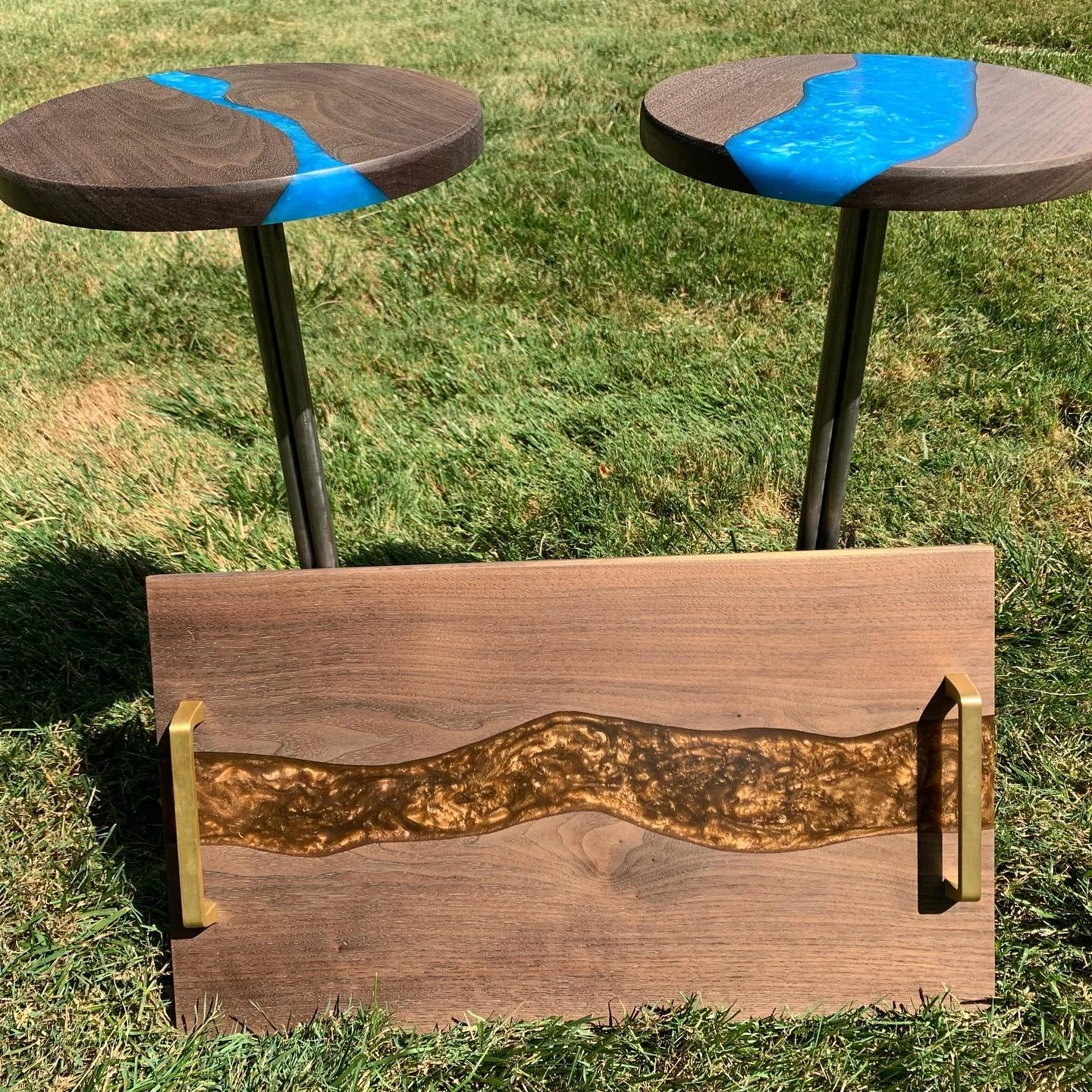 Two blue-river round tables and a separate handled gold-river serving tray.