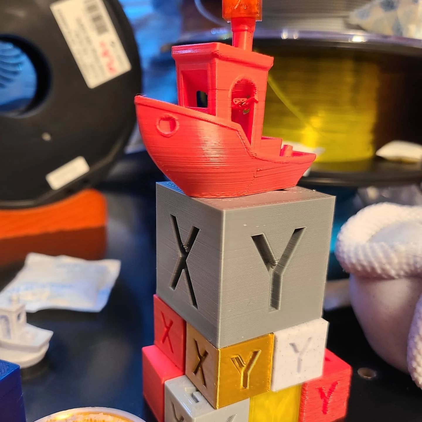 Calibration cubes and a Benchy print from the Ender and OctoPrint period.