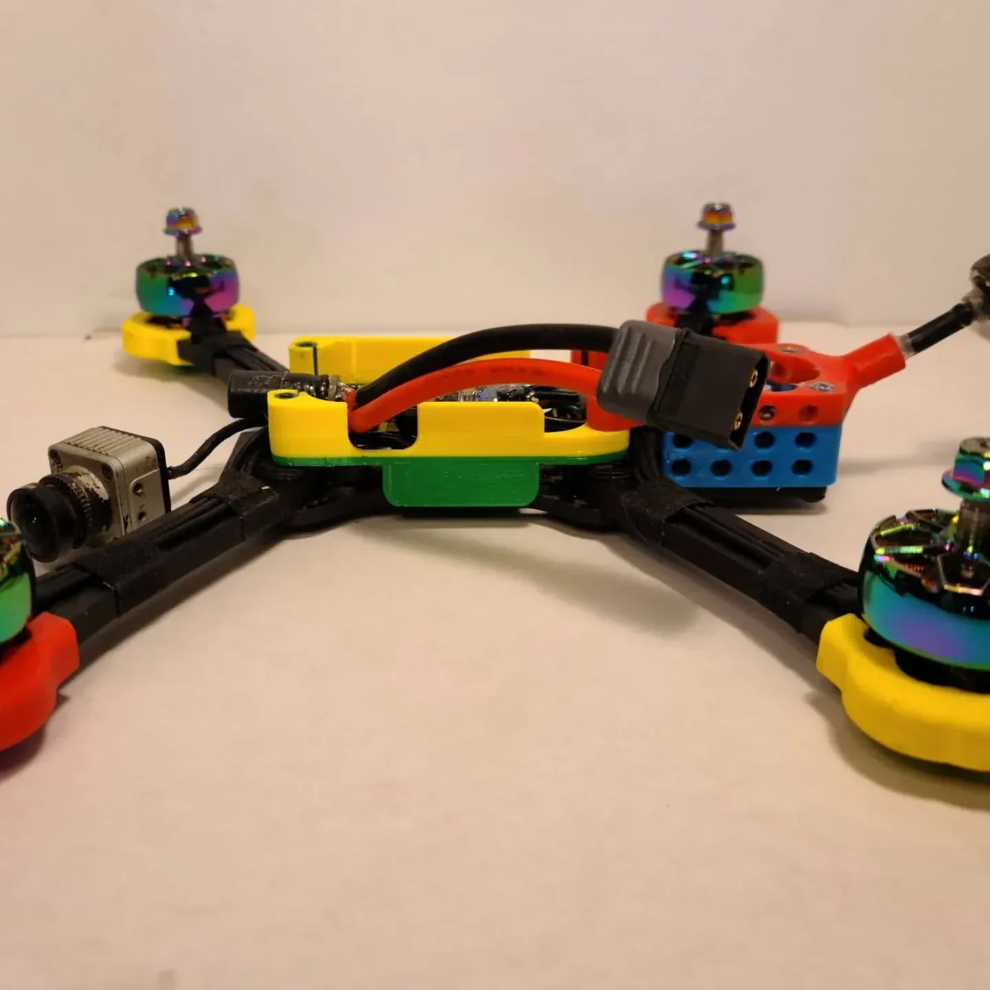A detail of the LEGO-themed FPV aircraft assembly.