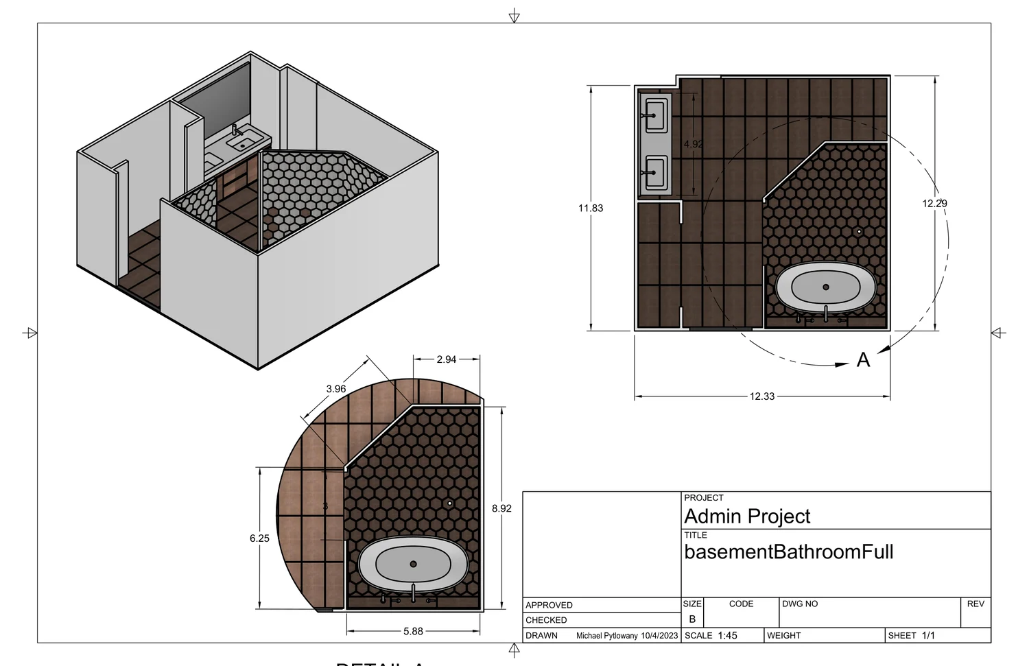 Original Fusion-produced bathroom drawing: isometric view, plan, and detail, issued October 2023.