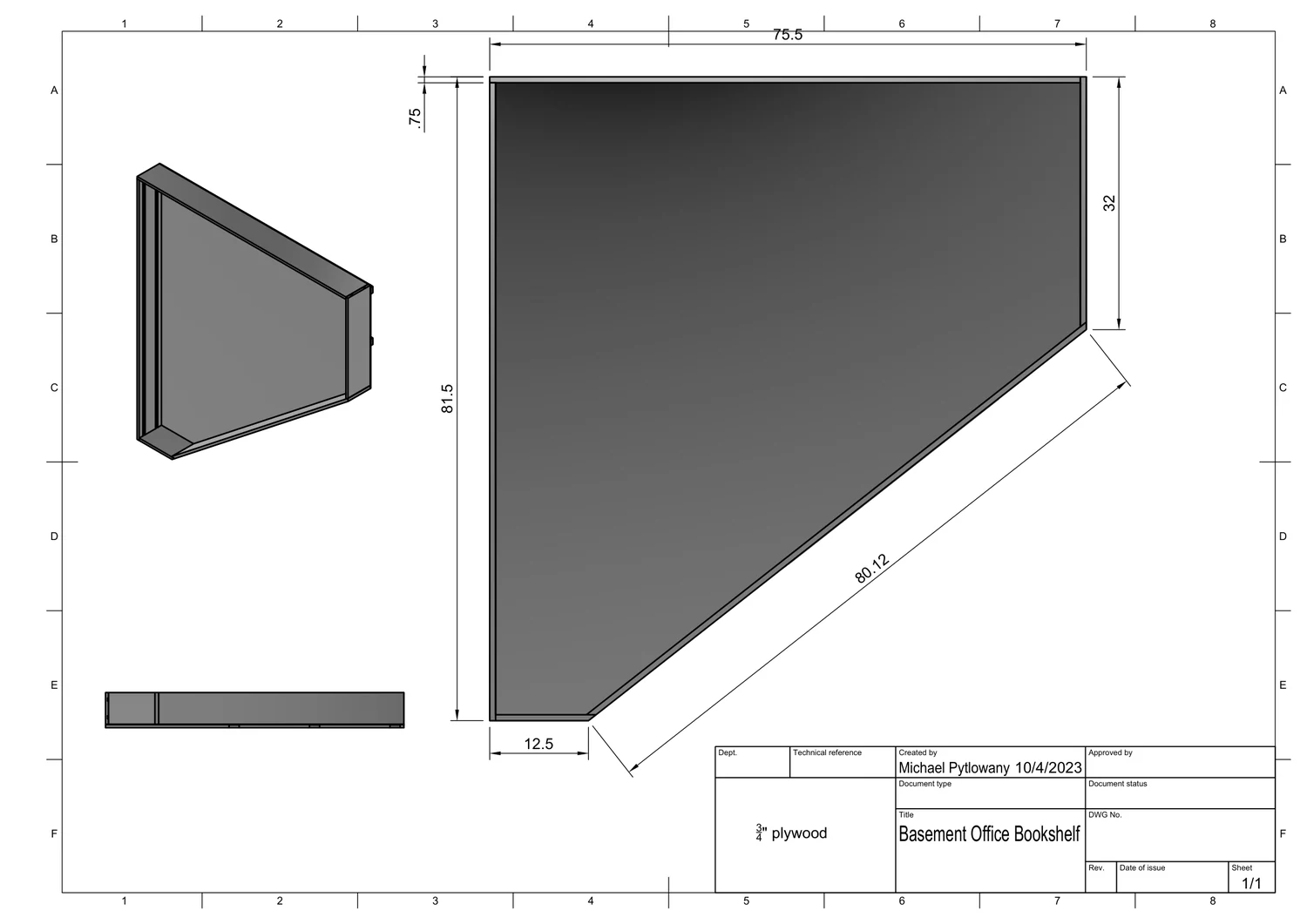 Original Fusion-produced Basement Office Bookshelf drawing with sloped-panel geometry and dimensions.