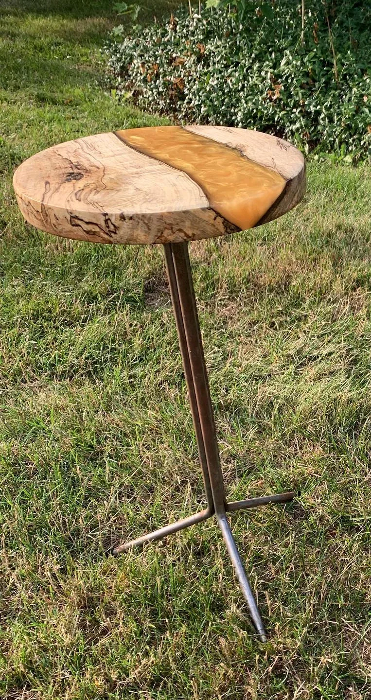 Gold-resin and spalted-maple table; crop of the original two-table photograph.