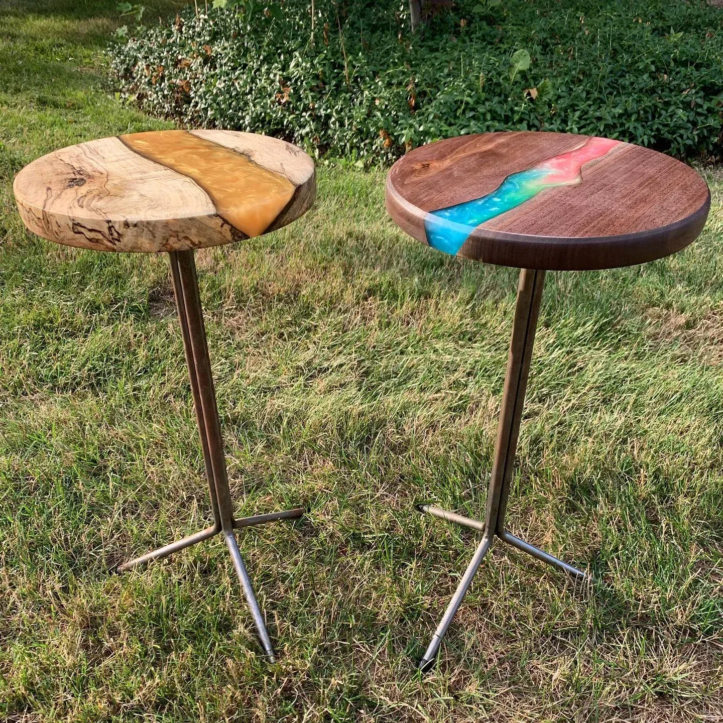 Two July 2020 martini tables: gold and spalted maple on the left, multicolor resin and walnut on the right.