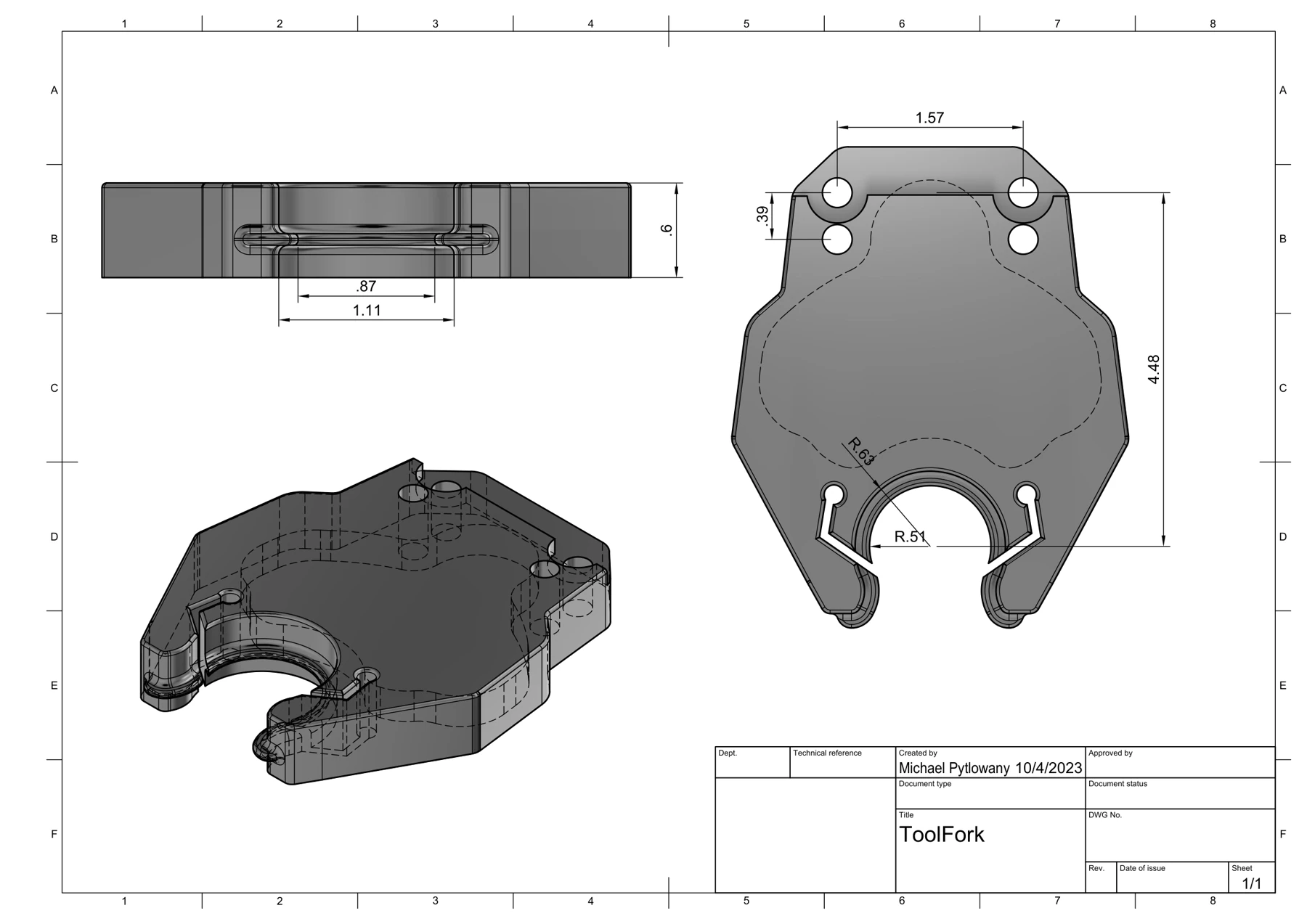 ToolFork dimensioned drawing with plan, side and isometric views. Issued October 4, 2023.